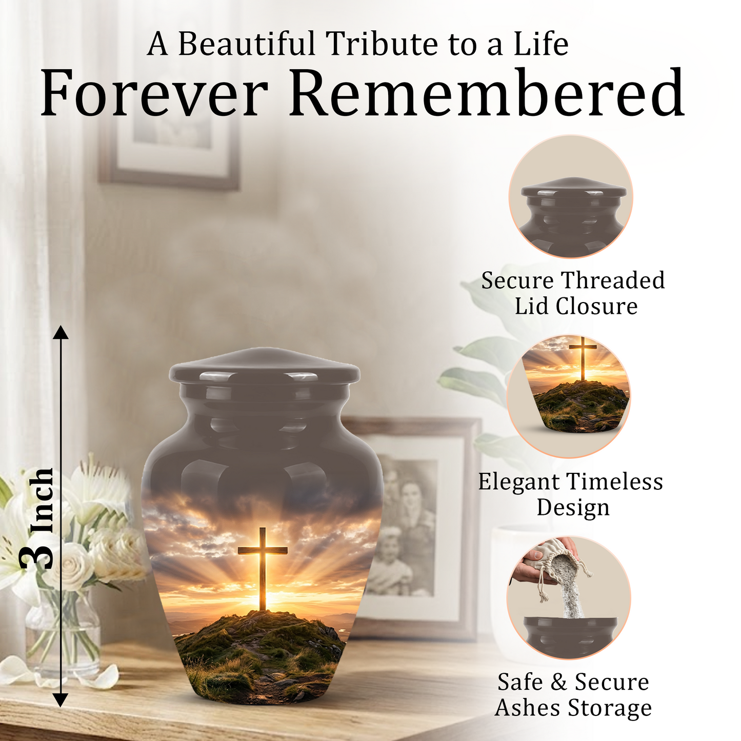 Christian Cross Cremation Urn - Sunrise Scenic Burial Urns For Human Ashes
