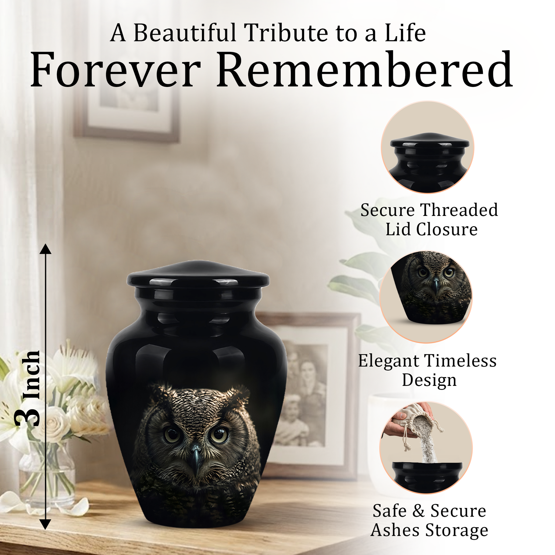Owl Cremation Urns For Human Ashes - Black Burial Urns For Dad