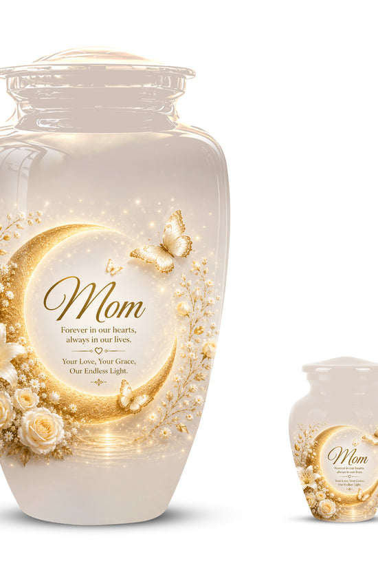 Floral Memorial Urn for Mom – White Aluminium Cremation Urn for Ashes