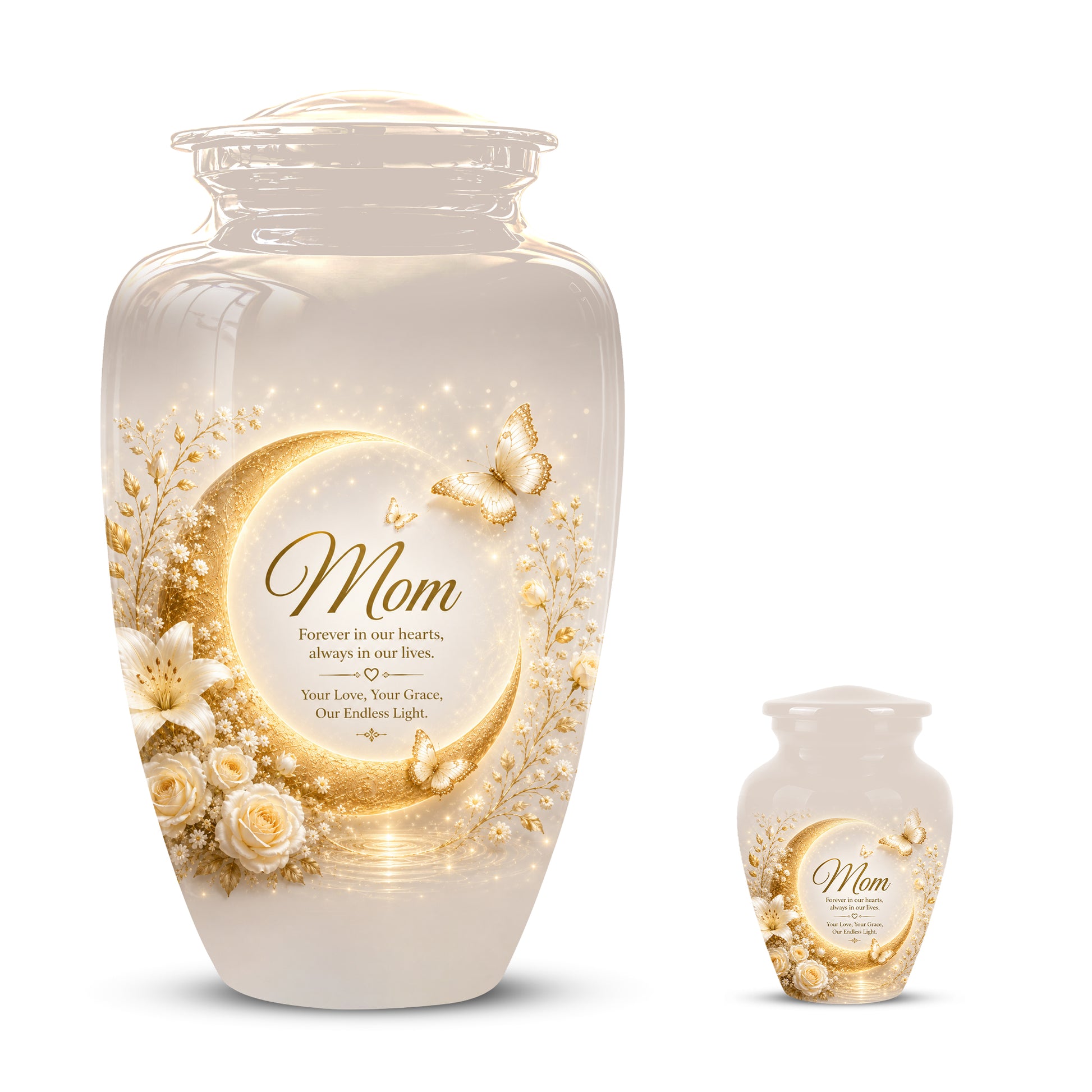 Floral Memorial Urn for Mom – White Aluminium Cremation Urn for Ashes