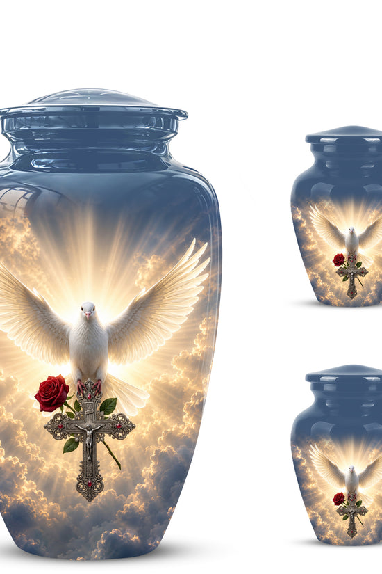 White Dove Bird With Rose - Blue Memorial Urns For Human Ashes