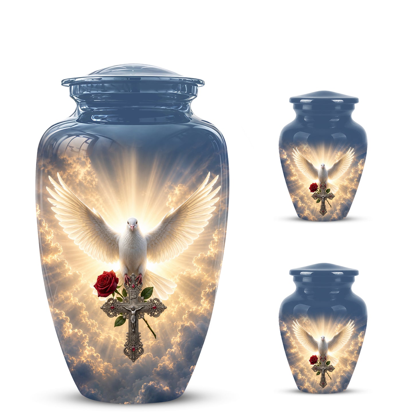 White Dove Bird With Rose - Blue Memorial Urns For Human Ashes