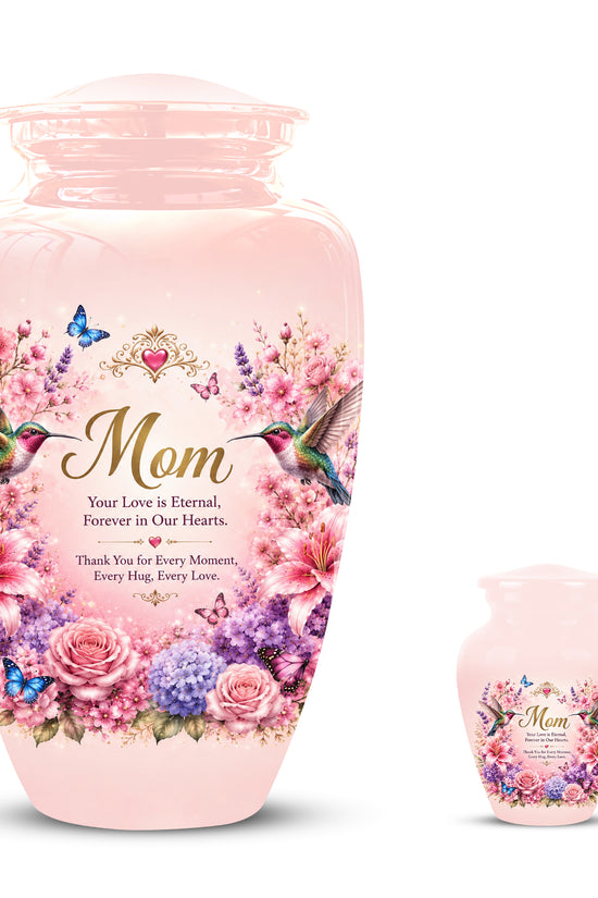 Hummingbird Floral Memorial Urn for Mother – Pink Aluminium Cremation Urn for Loved ones