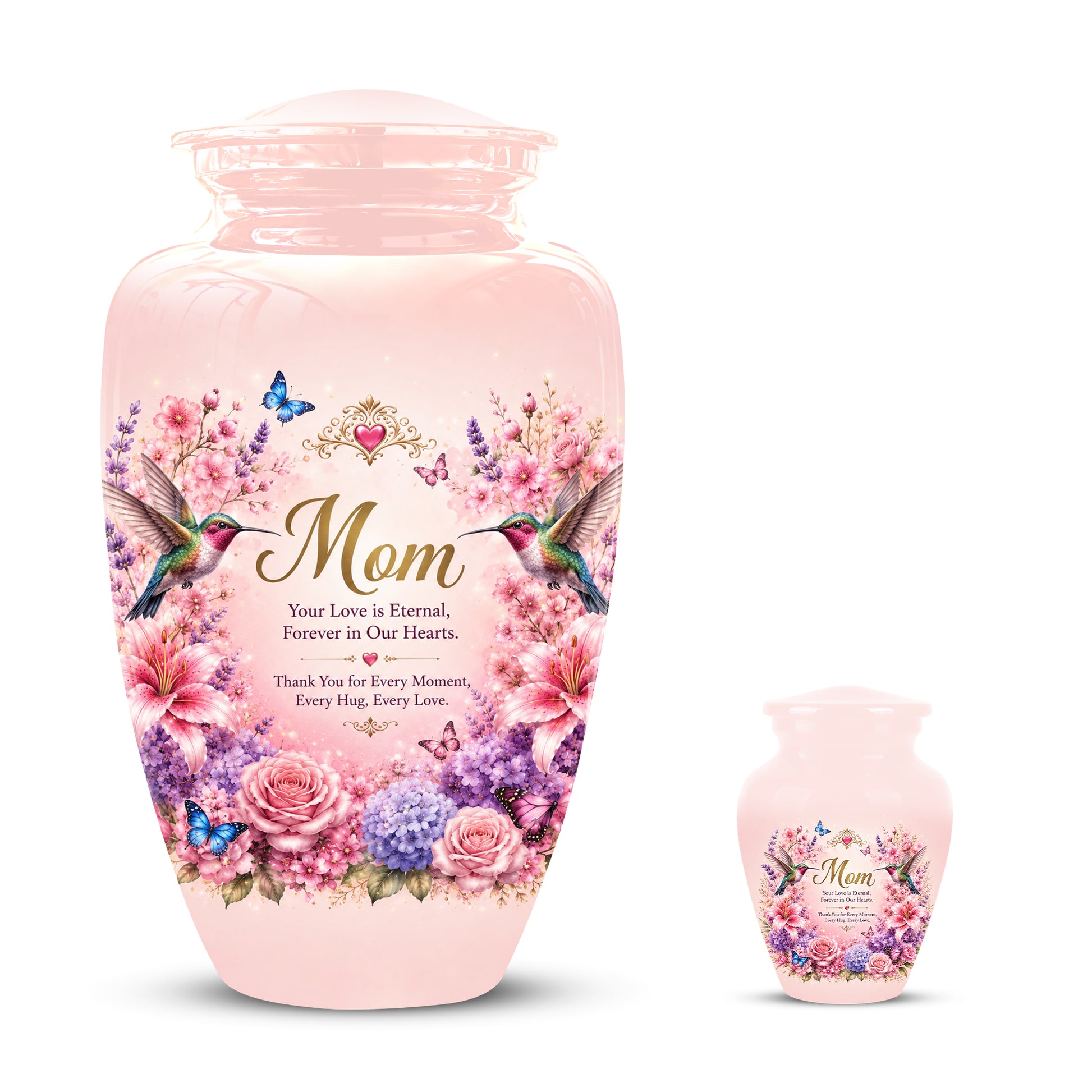 Hummingbird Floral Memorial Urn for Mother – Pink Aluminium Cremation Urn for Loved ones