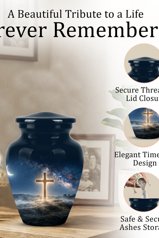 Jesus Cross In Night Sky Urn - Artistic Funeral Memorial Urns For Human Ashes