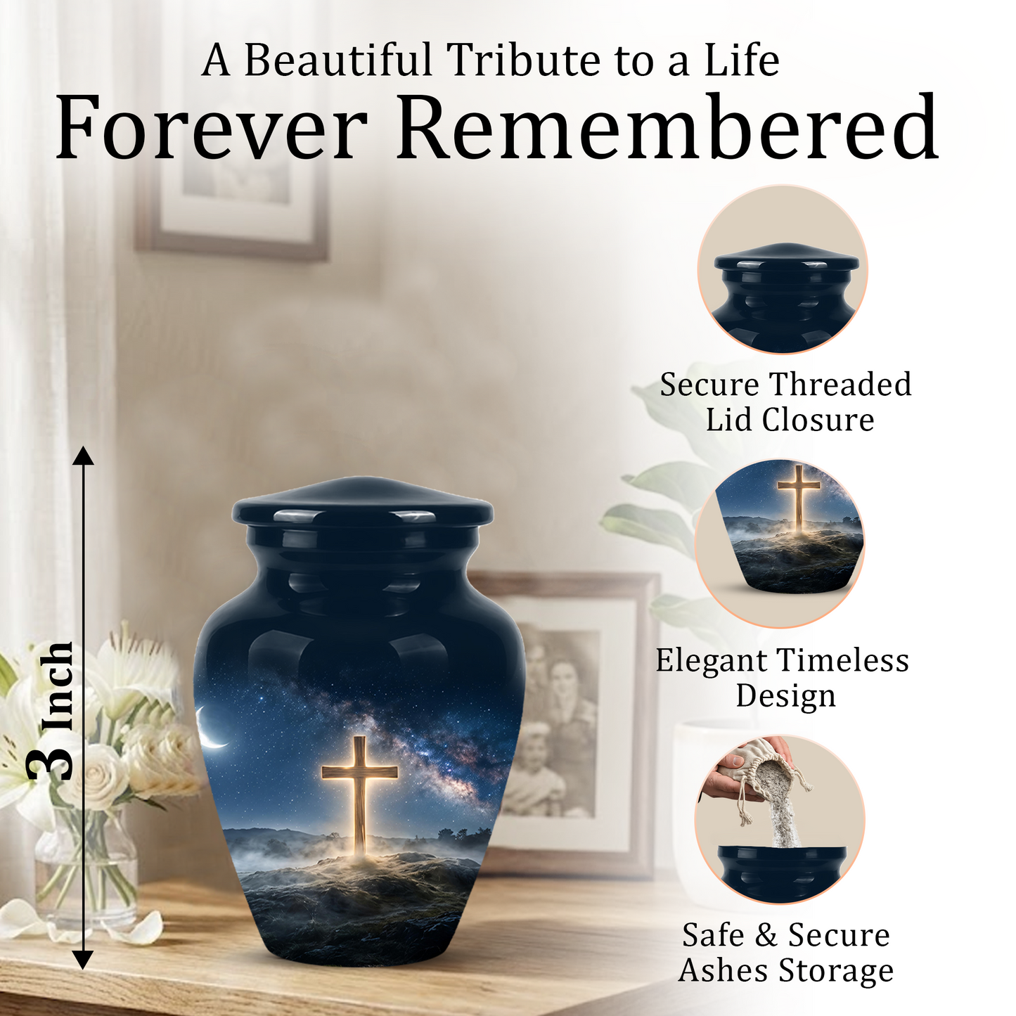 Jesus Cross In Night Sky Urn - Artistic Funeral Memorial Urns For Human Ashes