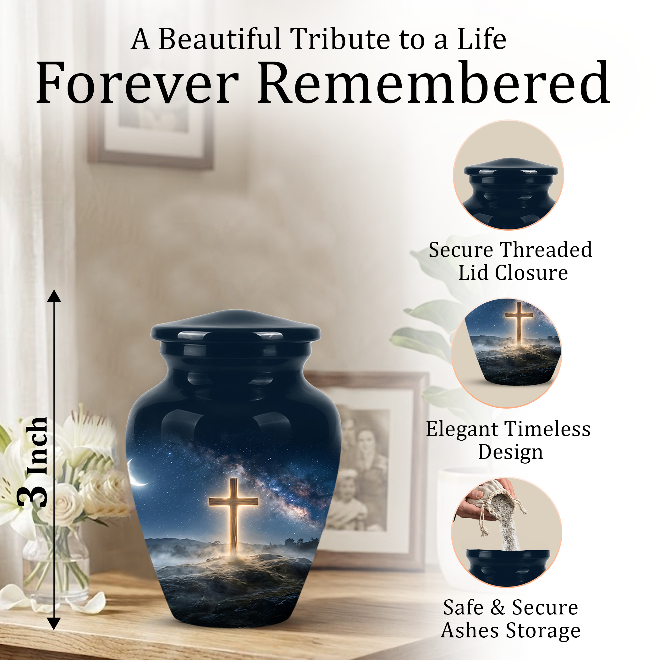 Jesus Cross In Night Sky Urn - Artistic Funeral Memorial Urns For Human Ashes