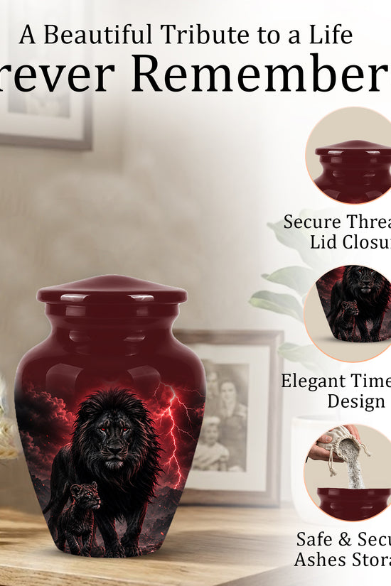 Lion With Cub Urn - Handcrafted Personalized Lion Burial Urn For Ashes