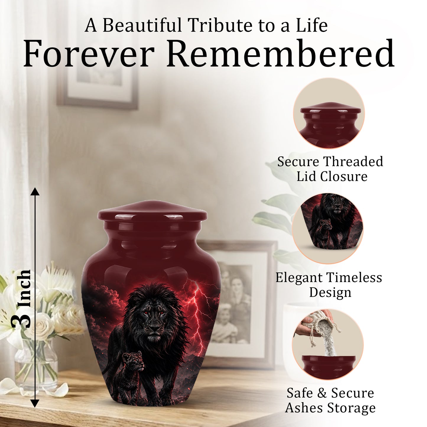 Lion With Cub Urn - Handcrafted Personalized Lion Burial Urn For Ashes