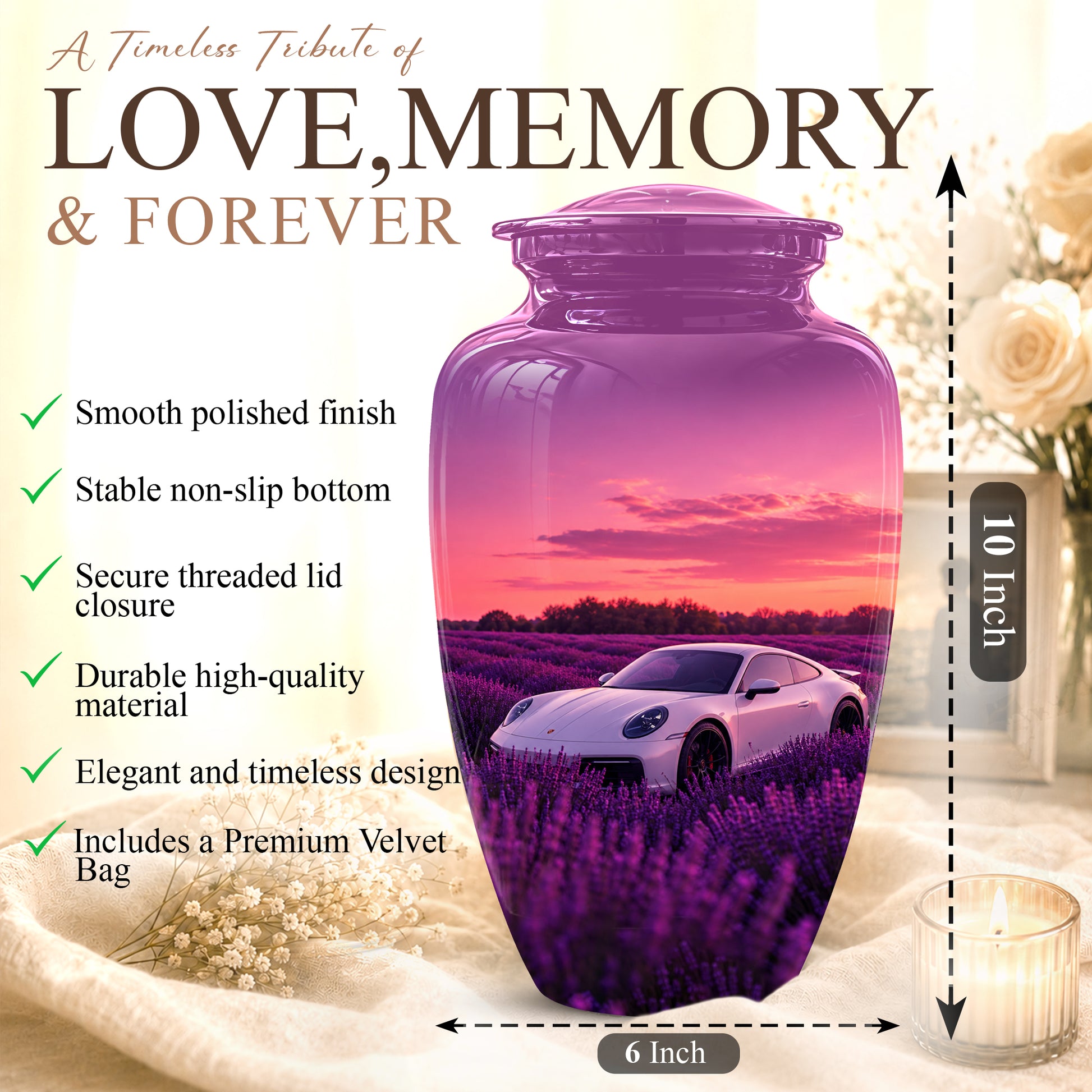 White Car Funeral Urn - Sunset Memorial Urns For Women Car Enthusiasts
