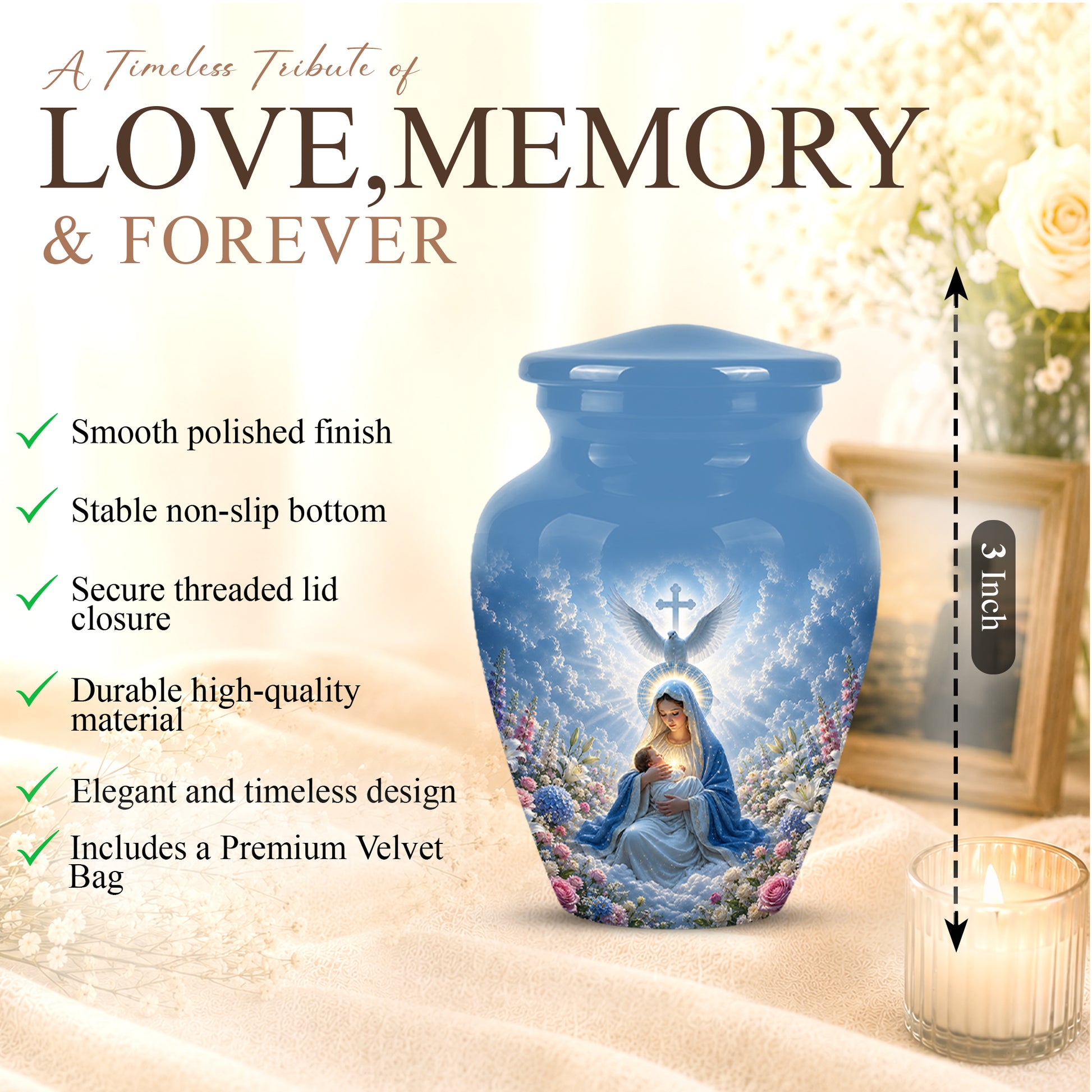 Angel Mom With Baby Jesus Urn - White Dove Funeral Urns For Mom Ashes