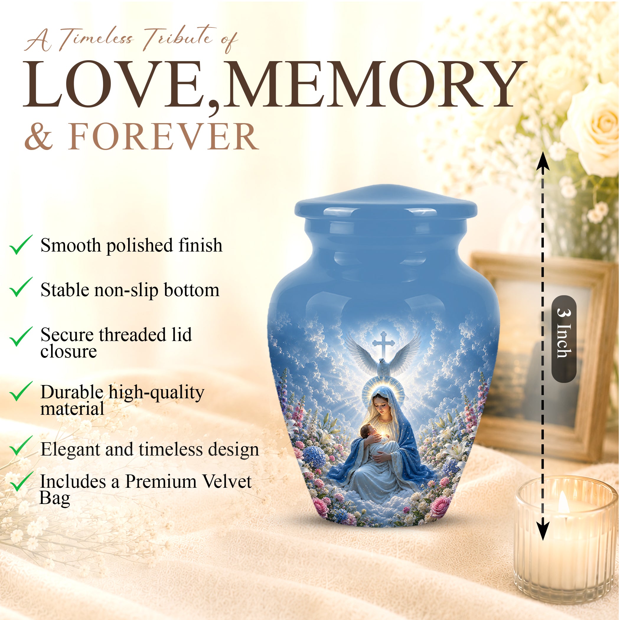 Angel Mom With Baby Jesus Urn - White Dove Funeral Urns For Mom Ashes
