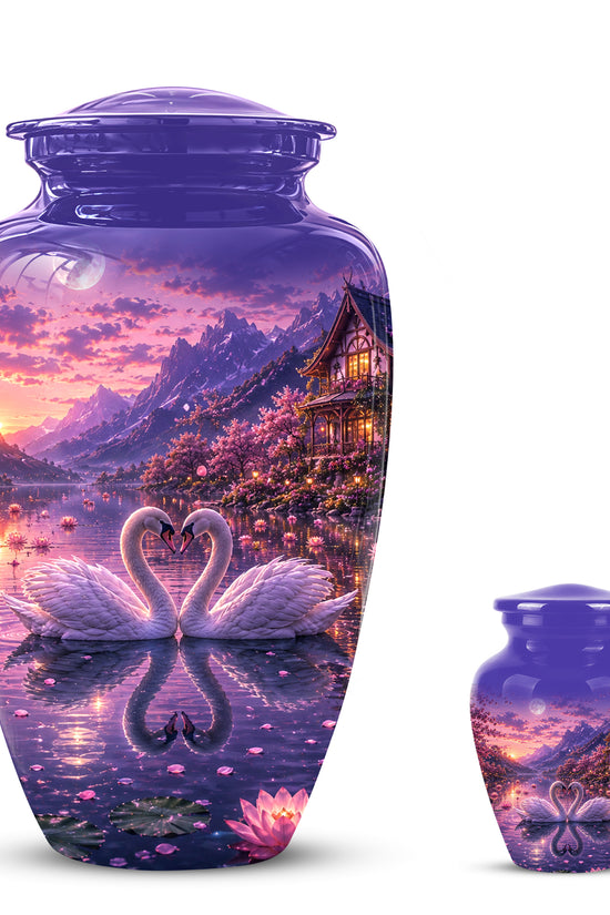 Couple Swan Cremation Urn - Purple Memorial Urns For Loved Ones Ashes