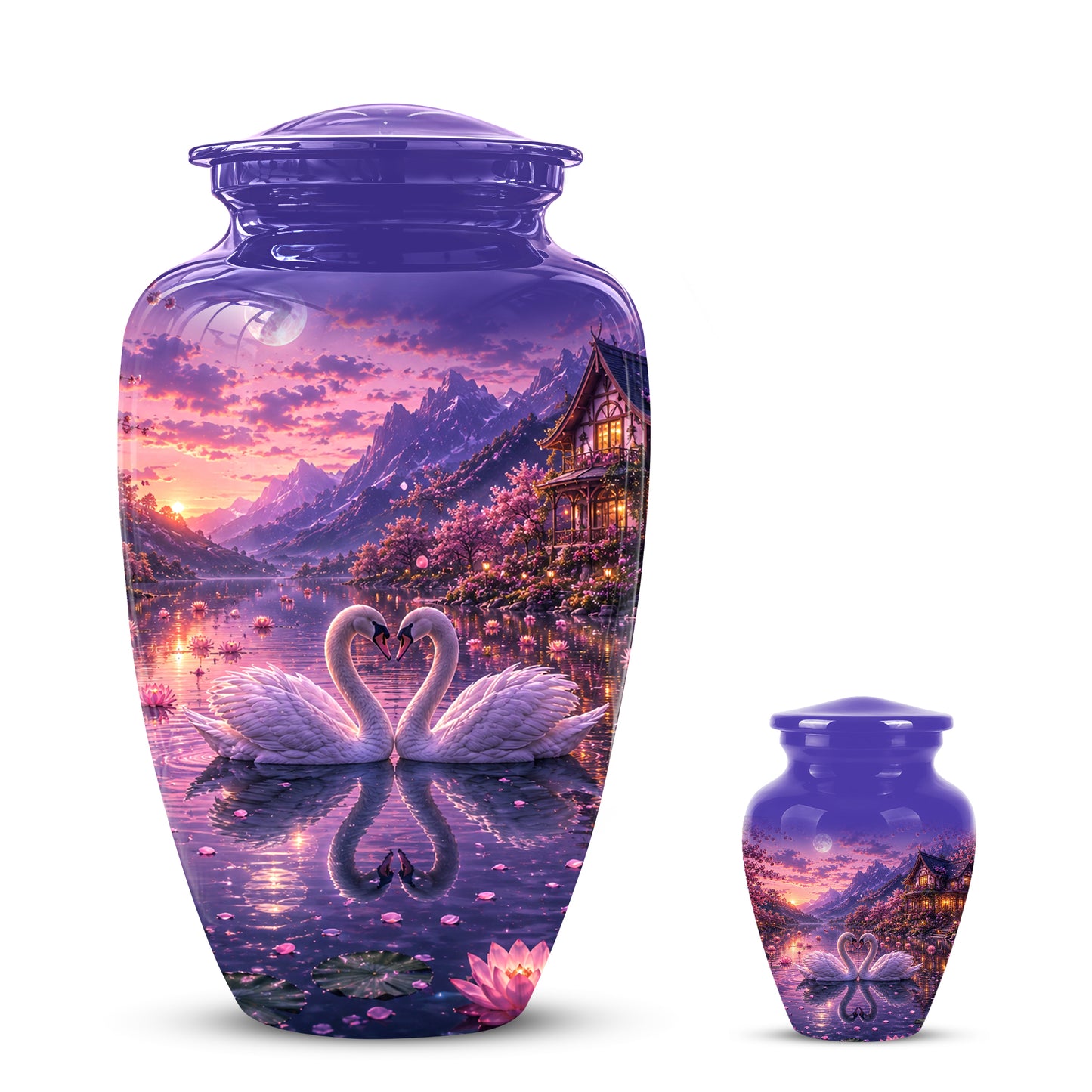 Couple Swan Cremation Urn - Purple Memorial Urns For Loved Ones Ashes