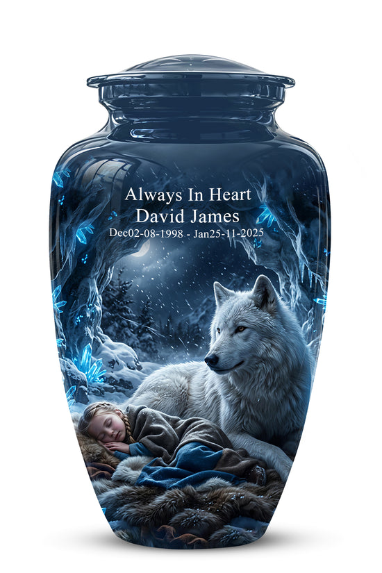 White Wolf With Girl Urn - Custom Memorial Urns For Men & Women Ashes