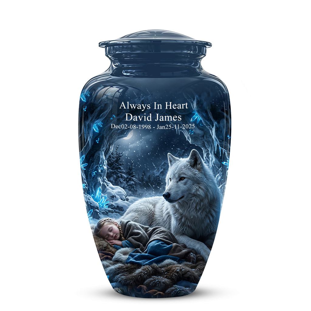 White Wolf With Girl Urn - Custom Memorial Urns For Men & Women Ashes