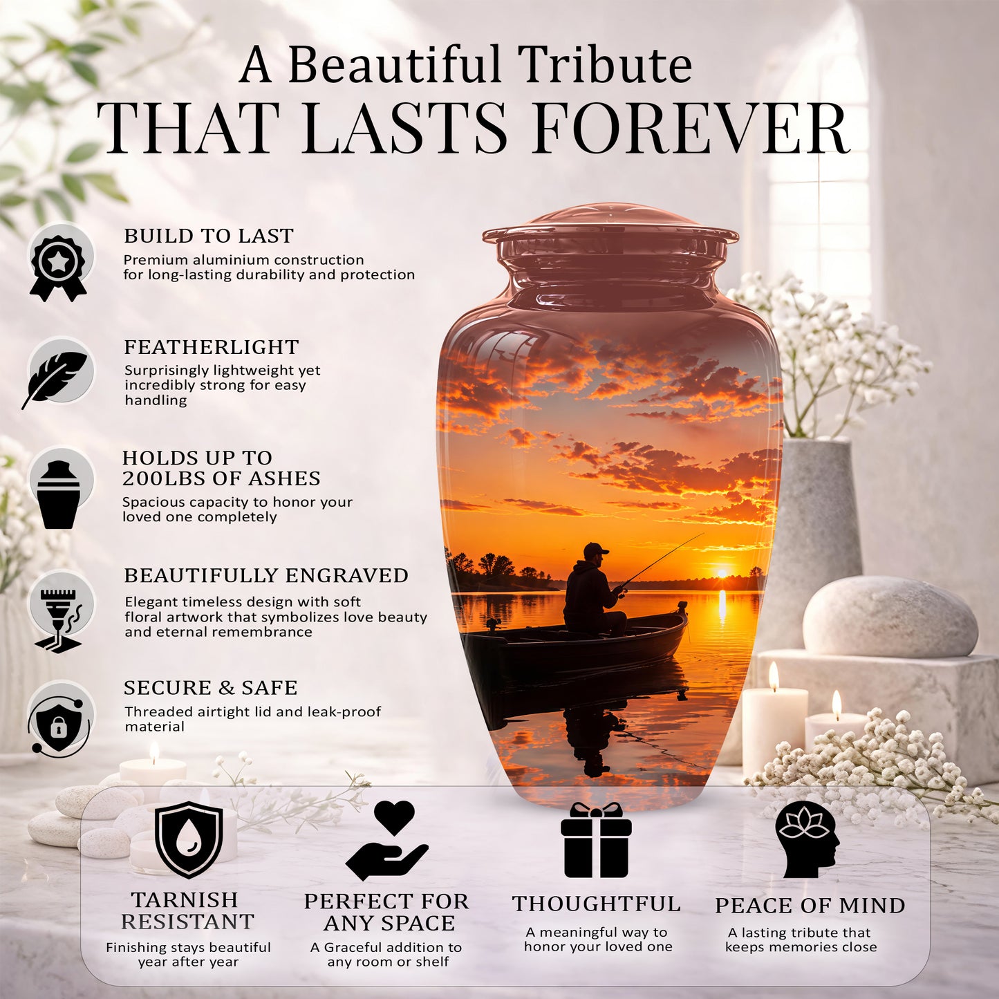 Fishing Sunset Cremation Urn - Beautiful Custom Urns For Dad On Sale