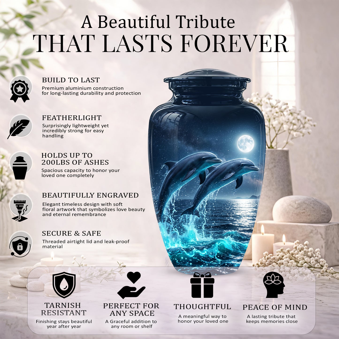 Beautiful Playful Dolphin Cremation Urn - Custom Moonlight Urns For Women