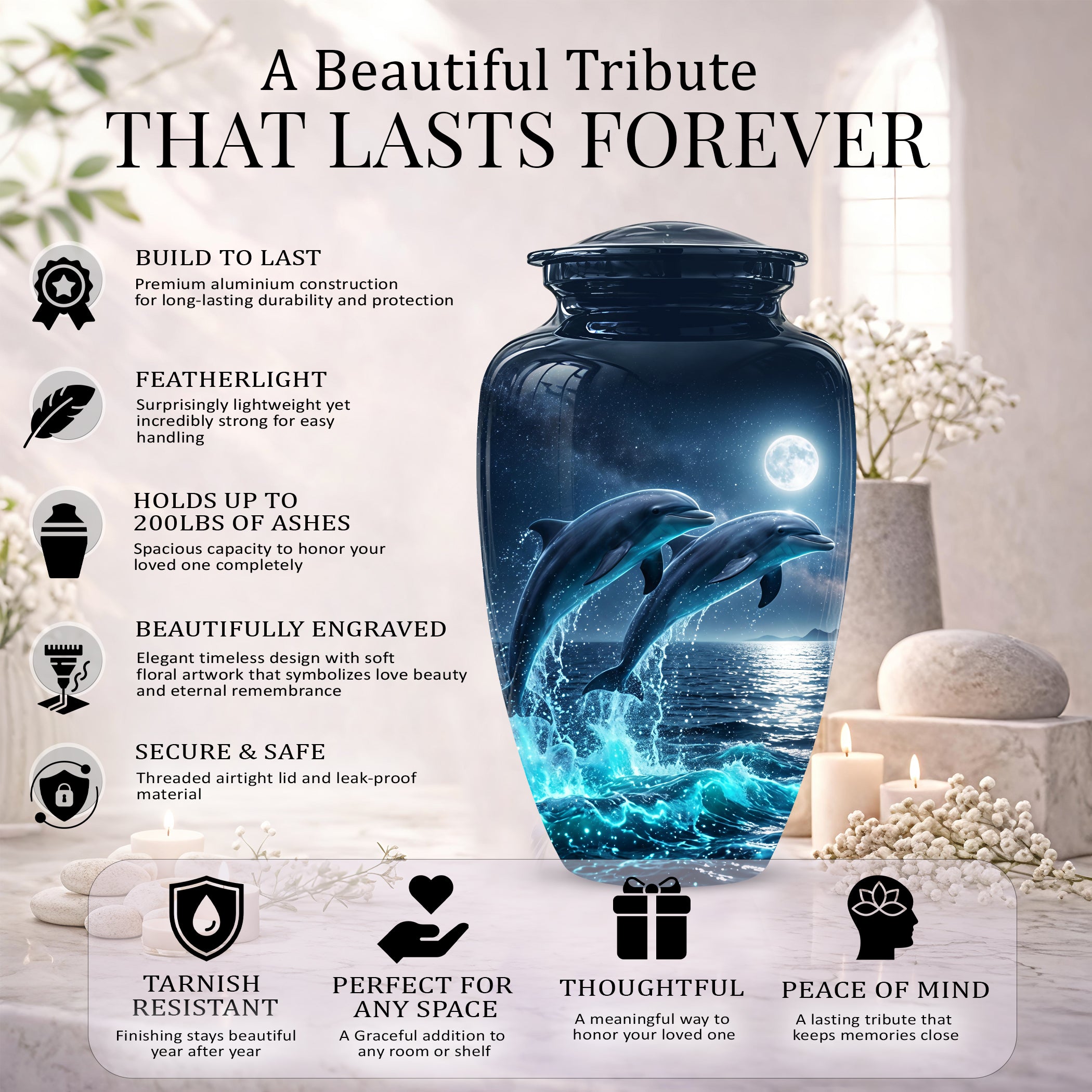 Beautiful Playful Dolphin Cremation Urn - Custom Moonlight Urns For Women