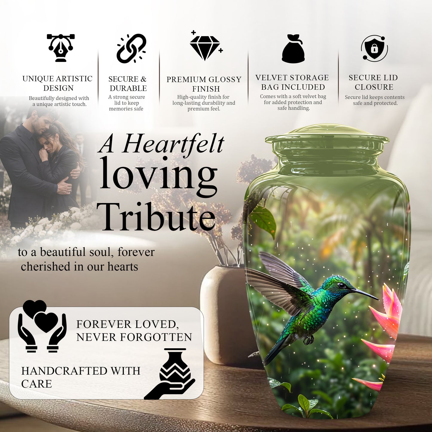 Celestial Flying Green Hummingbird Urn - Majestic Handcrafted Burial Urn
