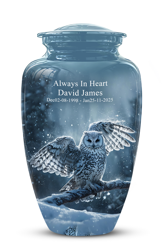 Snowy Owl Cremation Urn - Blue Funeral Urns For Human Ashes