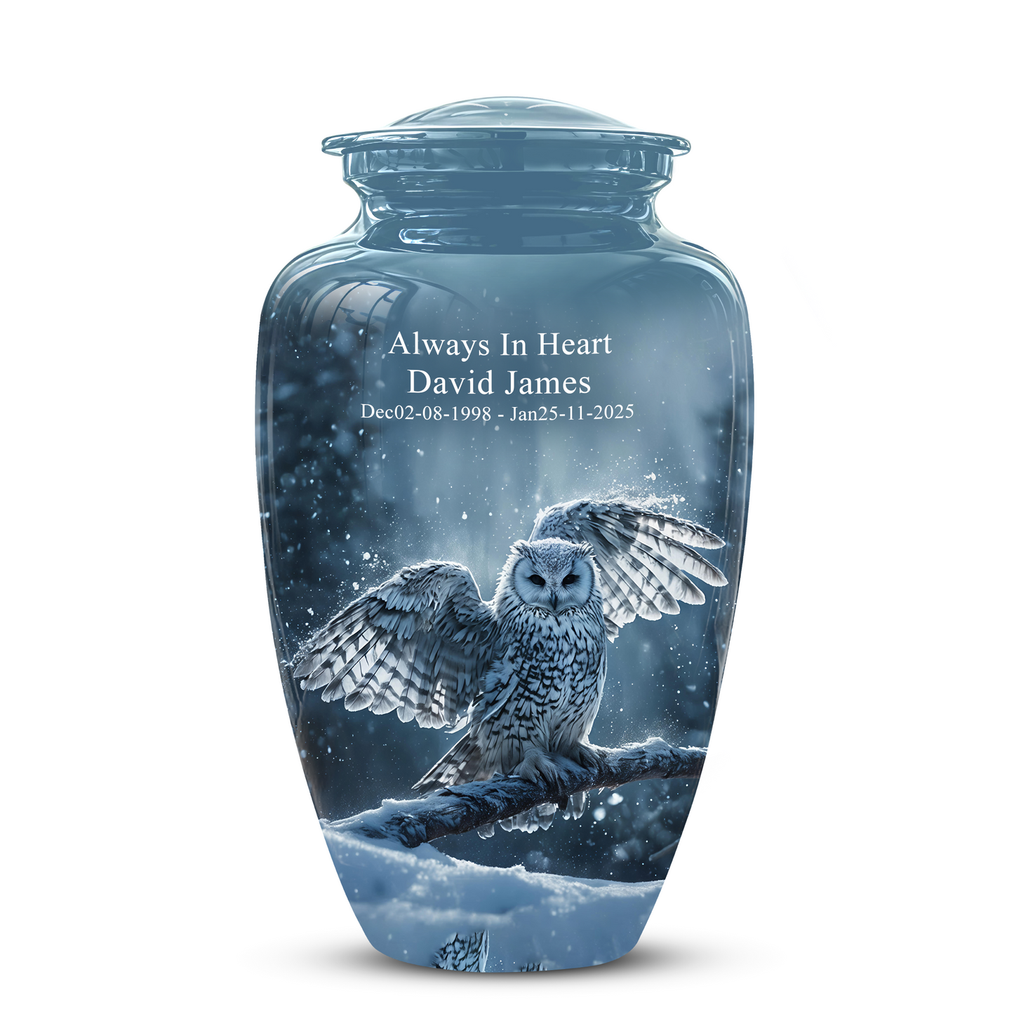 Snowy Owl Cremation Urn - Blue Funeral Urns For Human Ashes