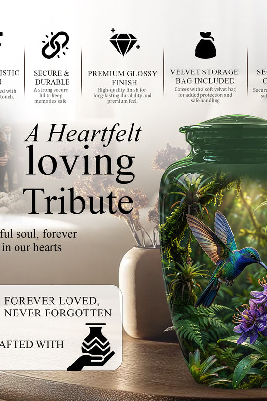 Flying Hummingbird Themed Urn - Beautiful Purple Flower Cremation Urns