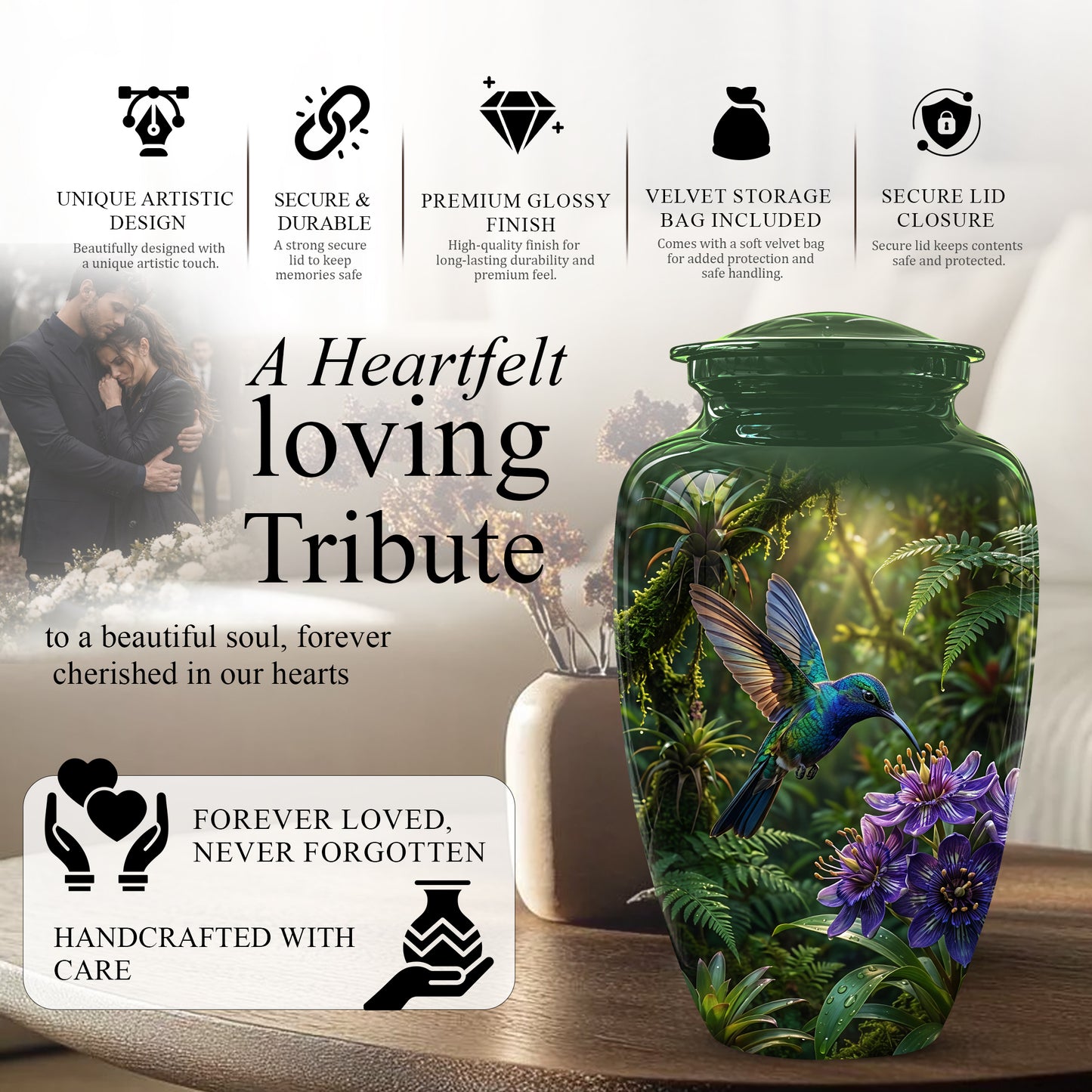 Flying Hummingbird Themed Urn - Beautiful Purple Flower Cremation Urns