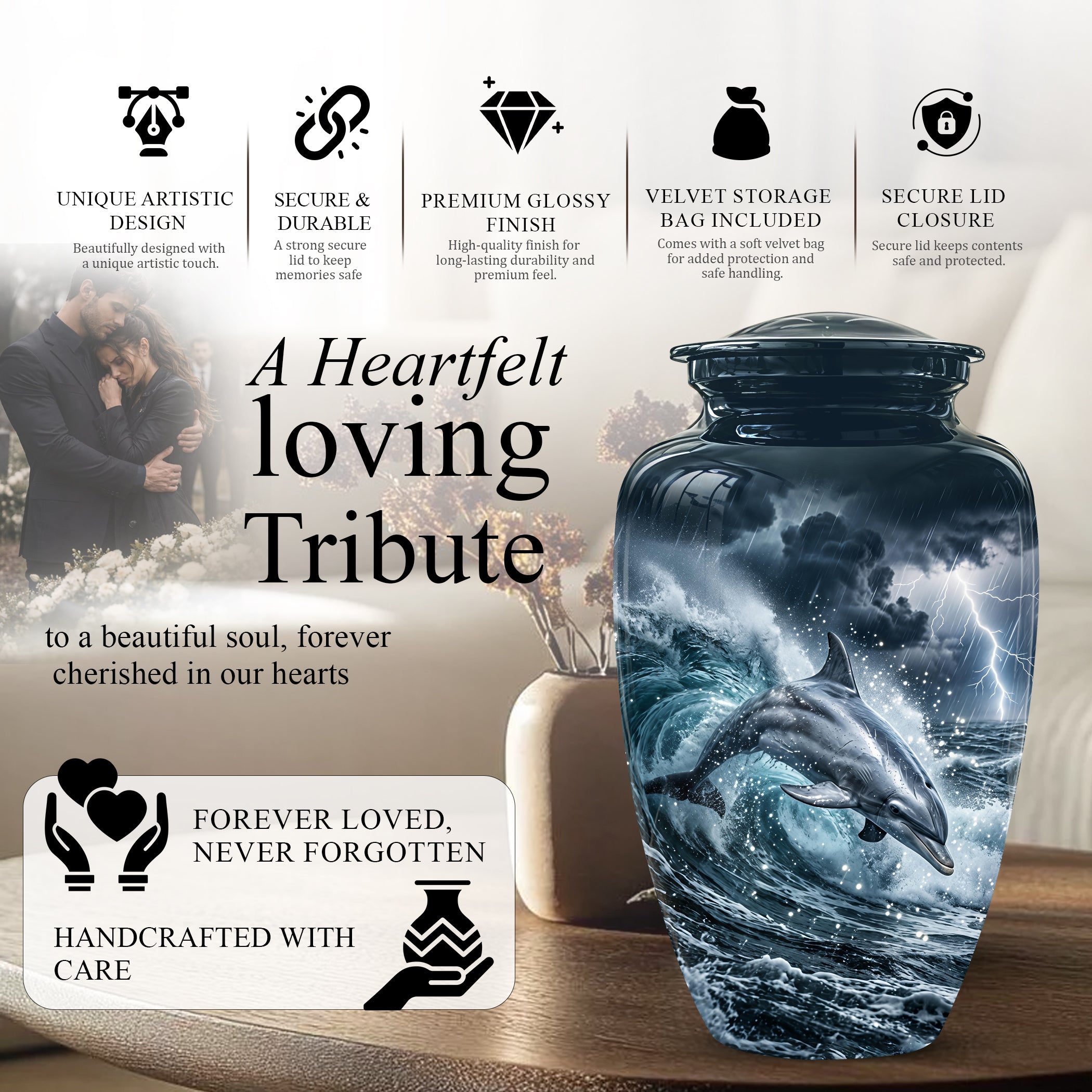 Black Dolphin In Storm Rain - Personalized Funeral Urns For Warriors