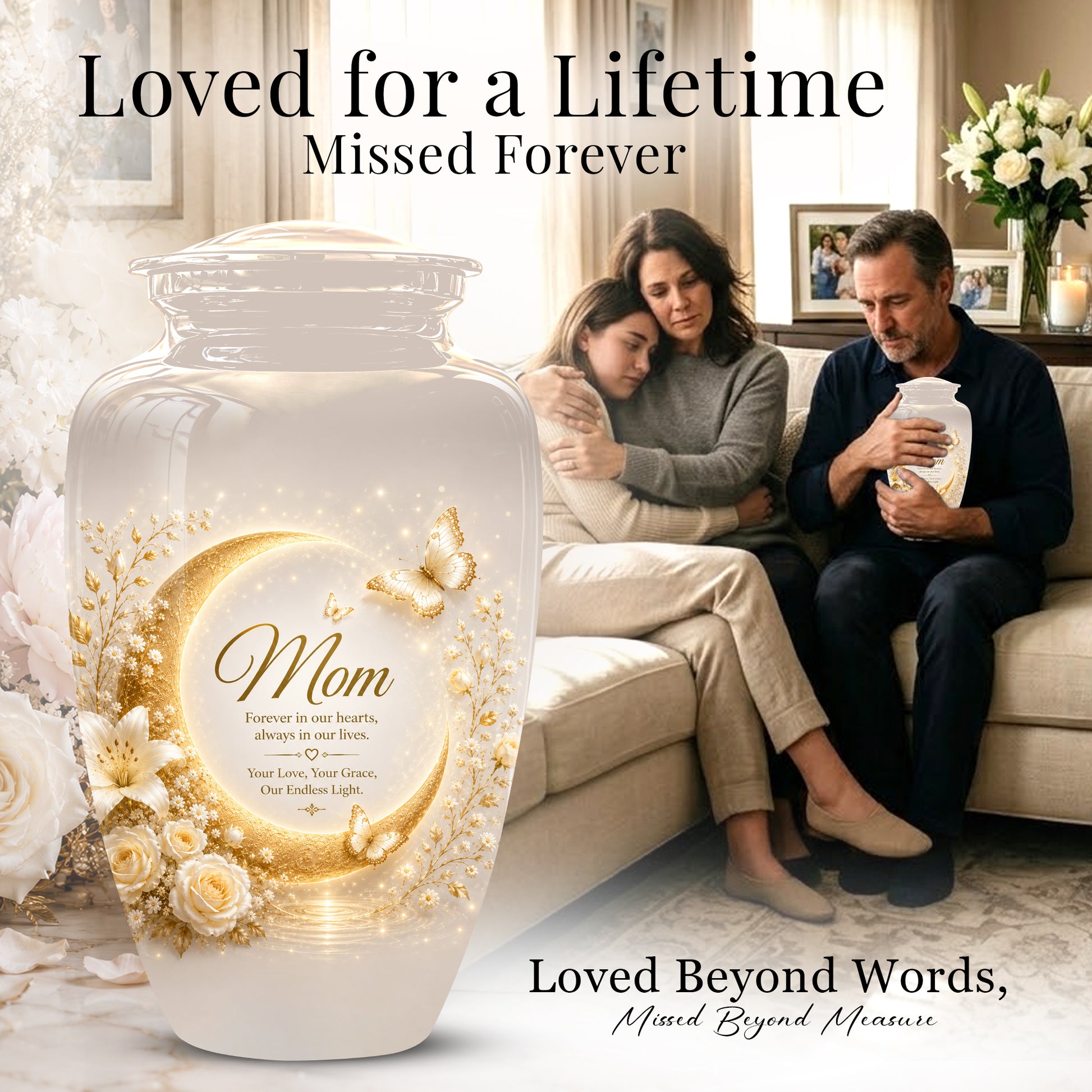 Floral Memorial Urn for Mom – White Aluminium Cremation Urn for Ashes