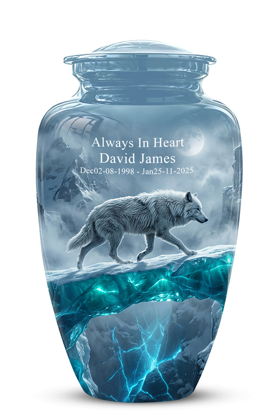 White Wolf In Snow Themed Urn - Classic Custom Urns For Human Ashes