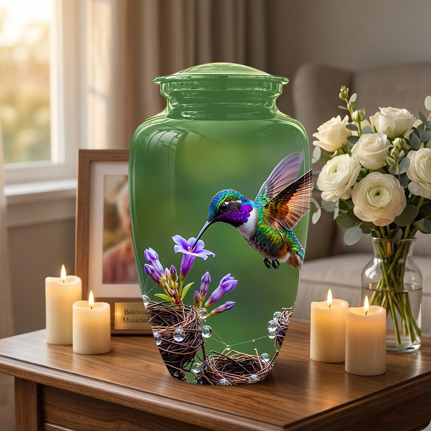 Colorful Hummingbird Memorial Urn - Green Burial Urns For Women Ashes