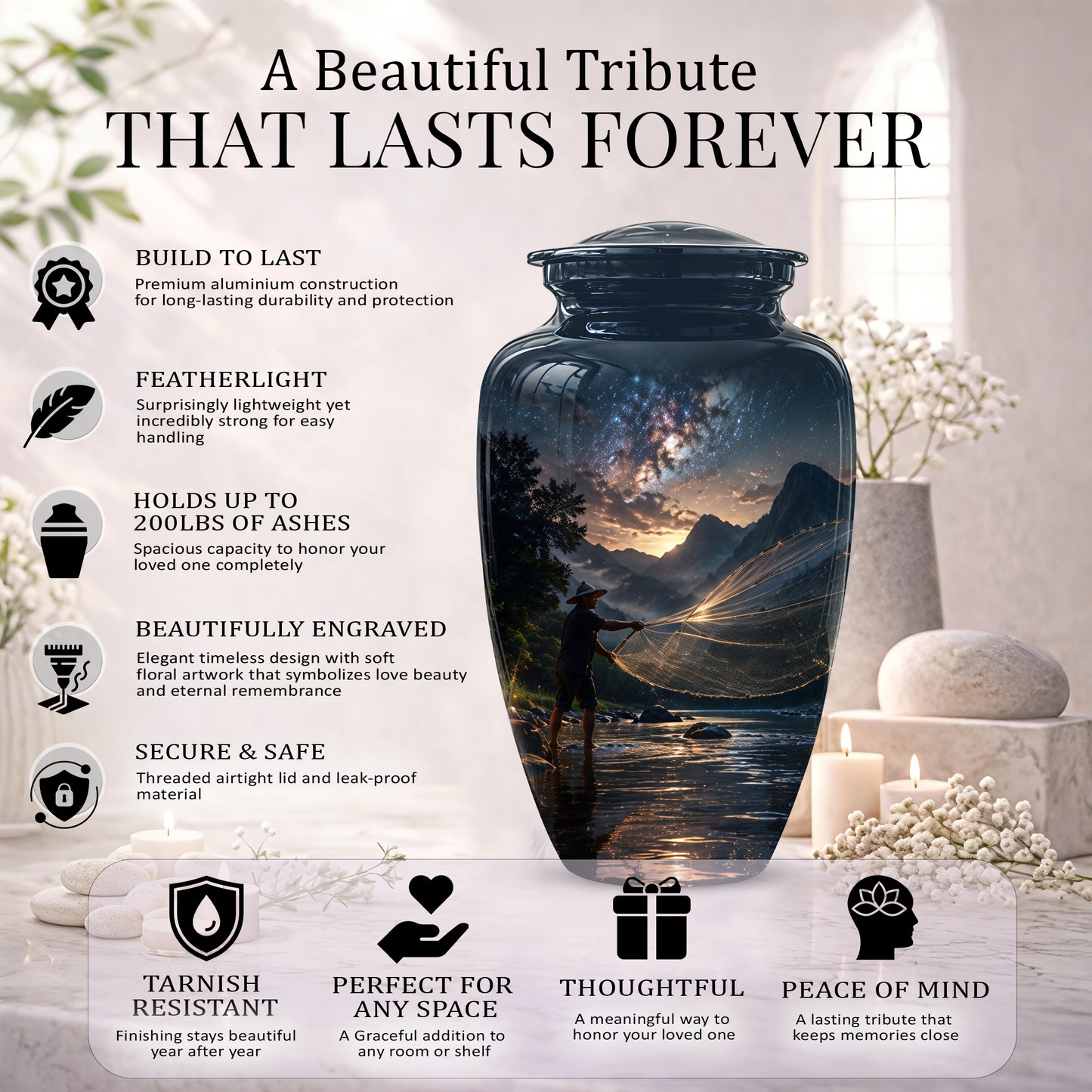 Fisherman Cremation Urn - Night Sky Memorial Urns For Human Ashes