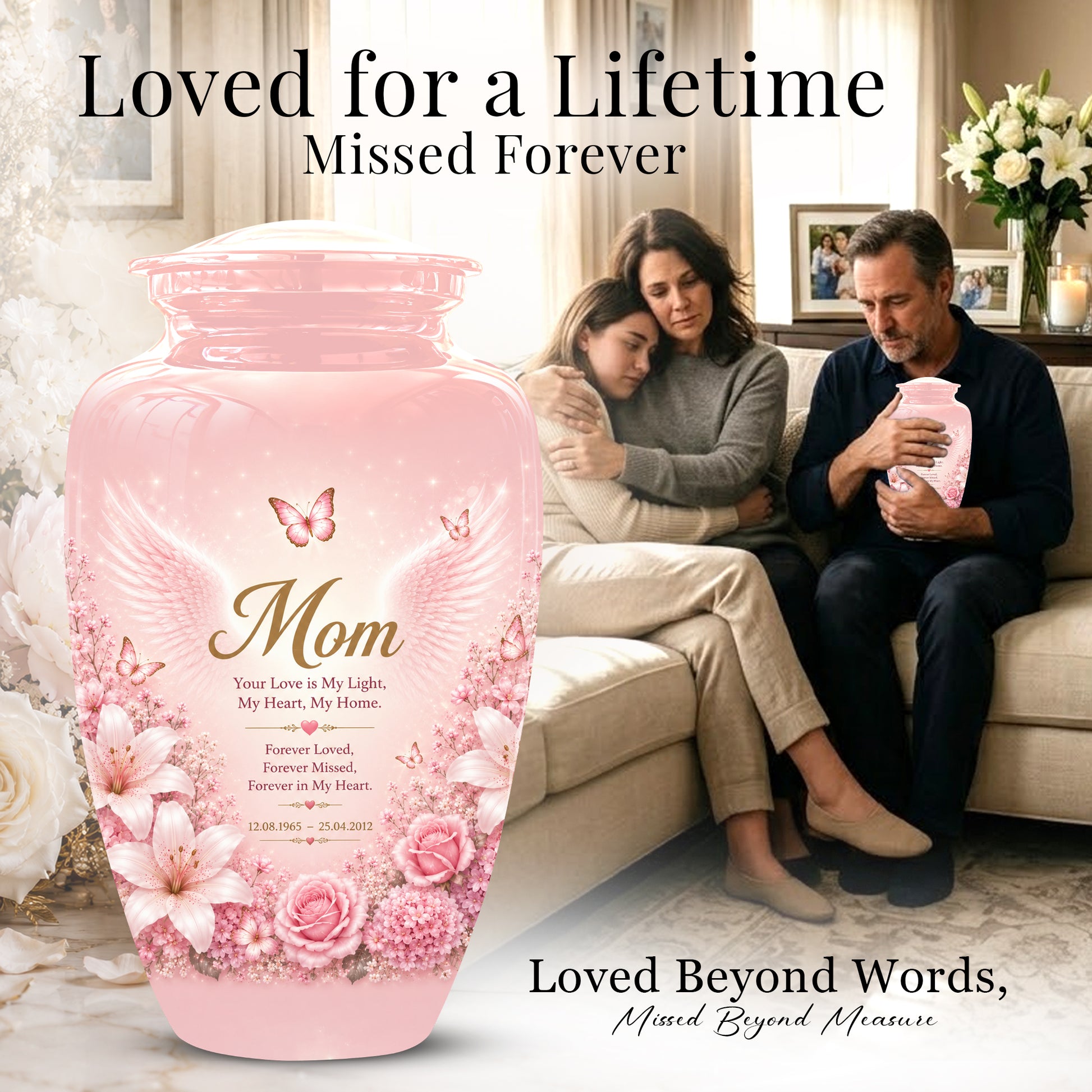 Angel Wings Funeral Urn for Mom – Pink Aluminium Burial Urn for Human Ashes