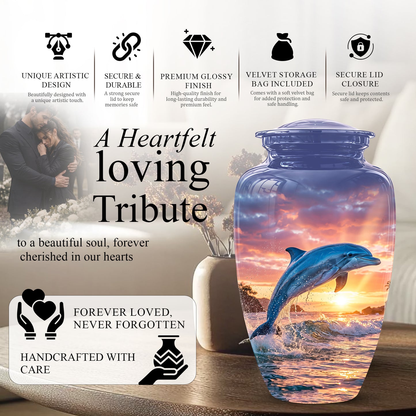 Blue Dolphin Themed Urn - Sunset Custom Funeral Urns For Human Ashes
