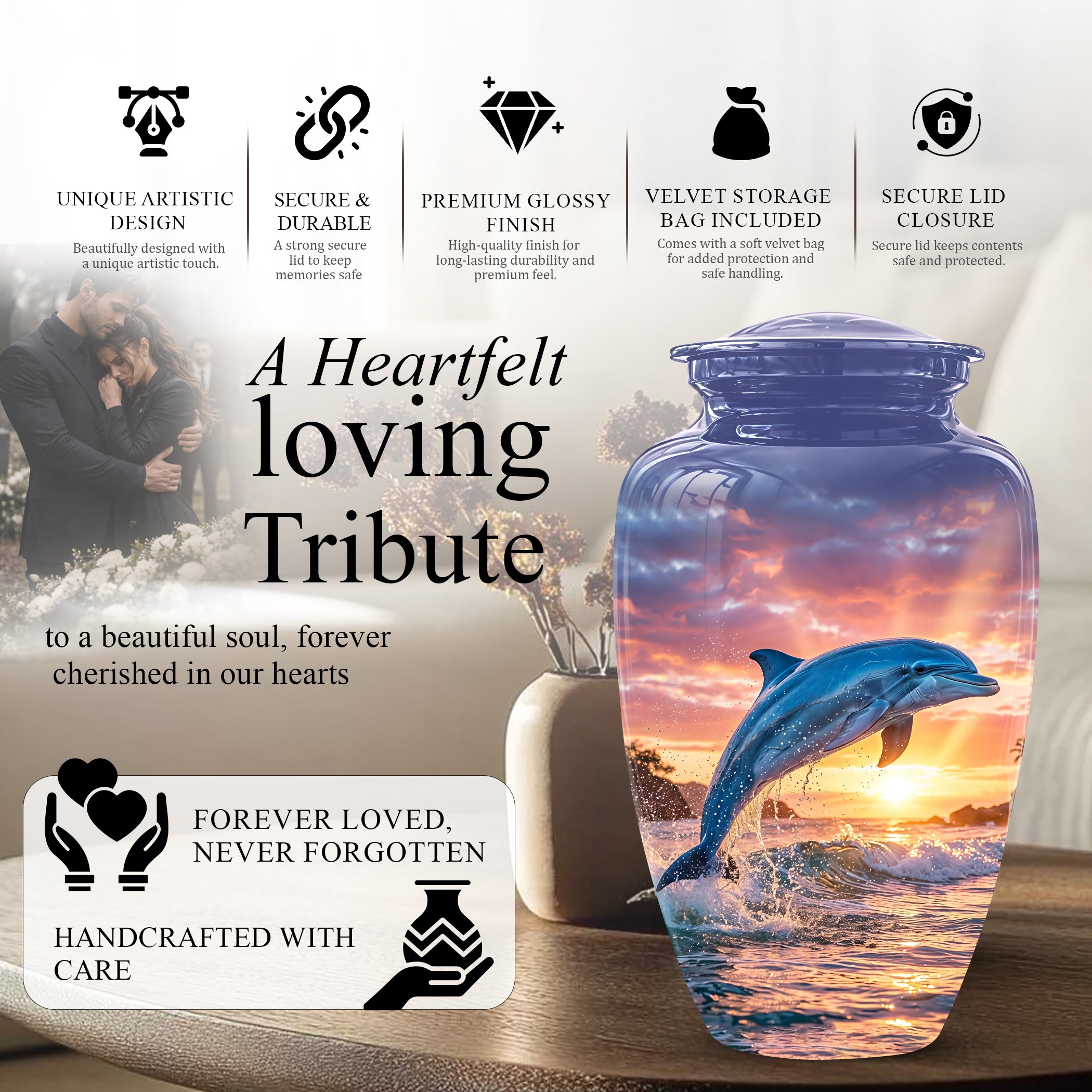 Blue Dolphin Themed Urn - Sunset Custom Funeral Urns For Human Ashes