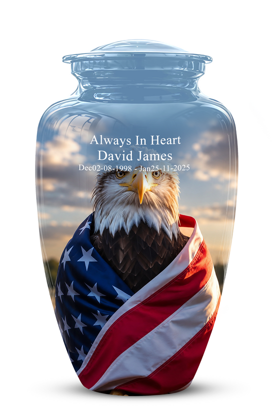 Bald Eagle Draped in American Flag - Patriotic Burial Urns For Human Ashes