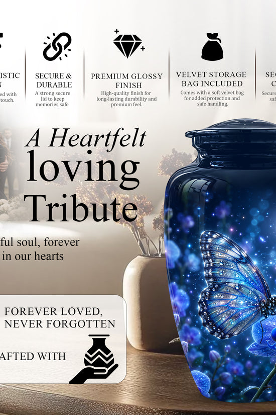 Blue Butterfly On Flower -Starry Night Burial Urns For Human Ashes