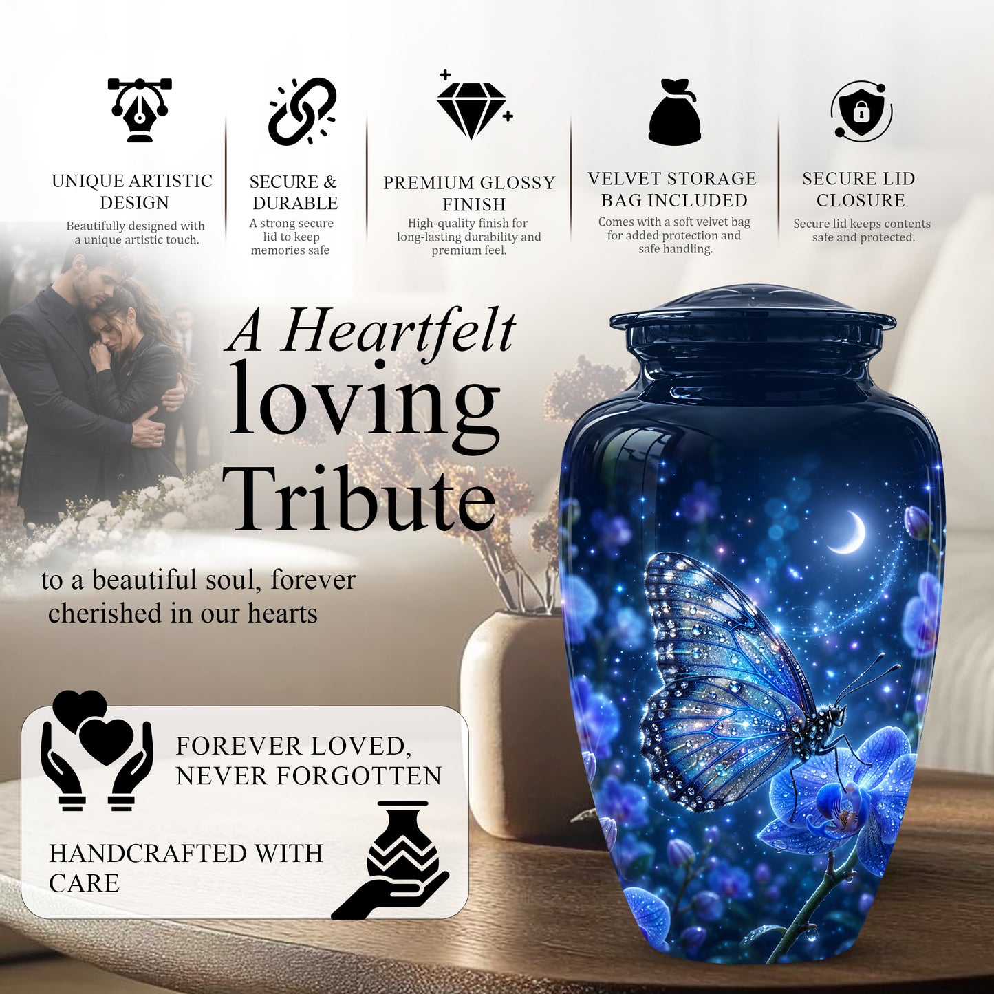 Blue Butterfly On Flower -Starry Night Burial Urns For Human Ashes