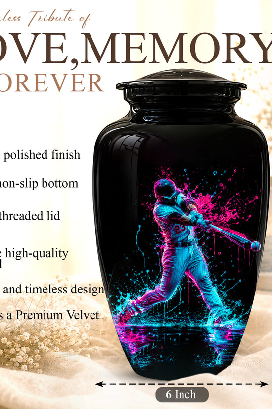 Artistic Baseball Player Funeral Urn - Personalized Black Urns For Ashes