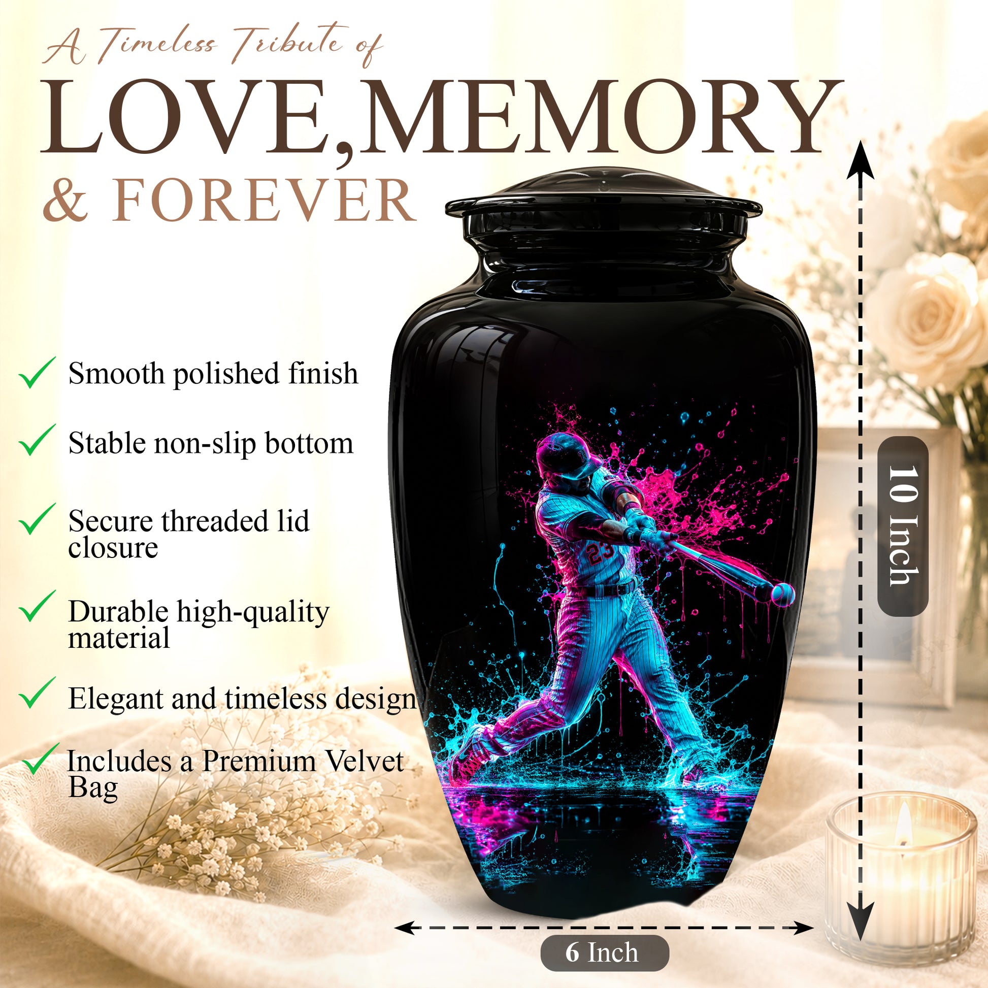 Artistic Baseball Player Funeral Urn - Personalized Black Urns For Ashes