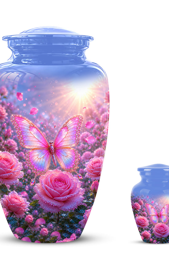 Pink Butterfly On Flower Funeral Urn - Handcrafted Urns For Mom Ashes