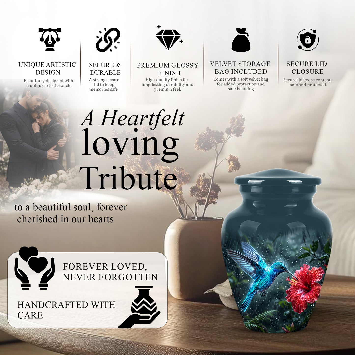 Blue Hummingbird With Red Flower - Personalized Memorial Urns For Ashes