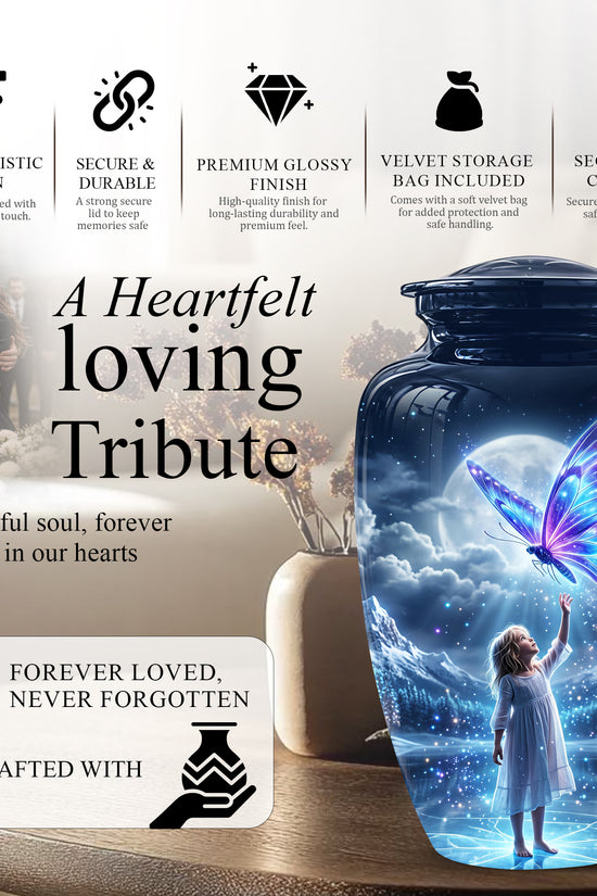 Colorful Butterfly With Girl Child - Beautiful Funeral Urns For Ashes