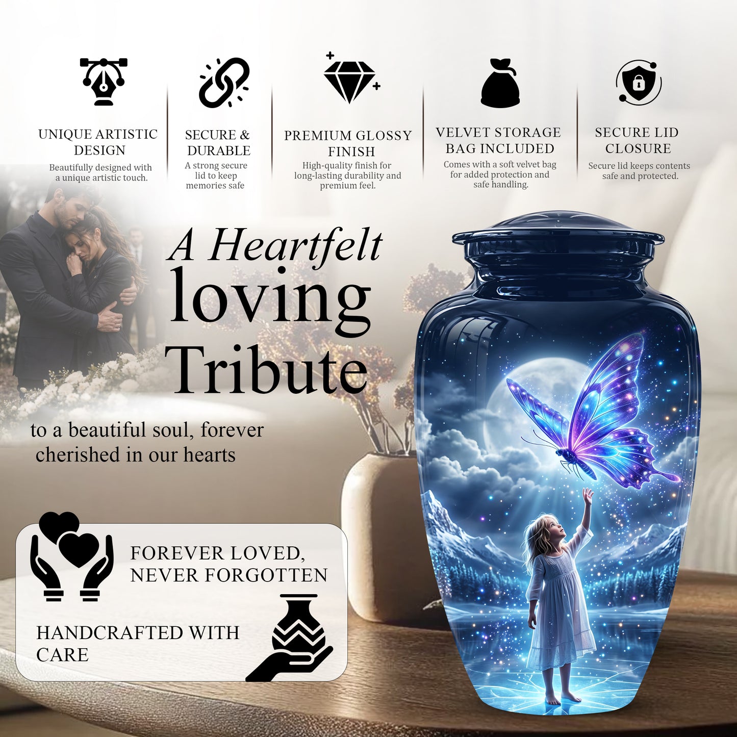 Colorful Butterfly With Girl Child - Beautiful Funeral Urns For Ashes