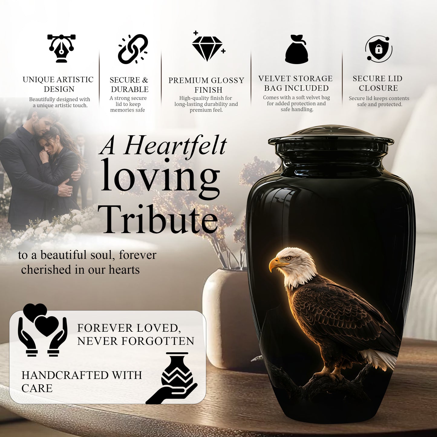 Bald Eagle Cremation Urn - Personalized Black Urns For Human Ashes