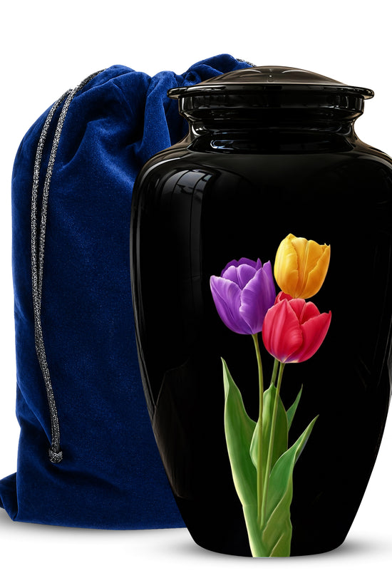 Colorful Tulips Flower Cremation Urn - Personalized Black Urns On Sale