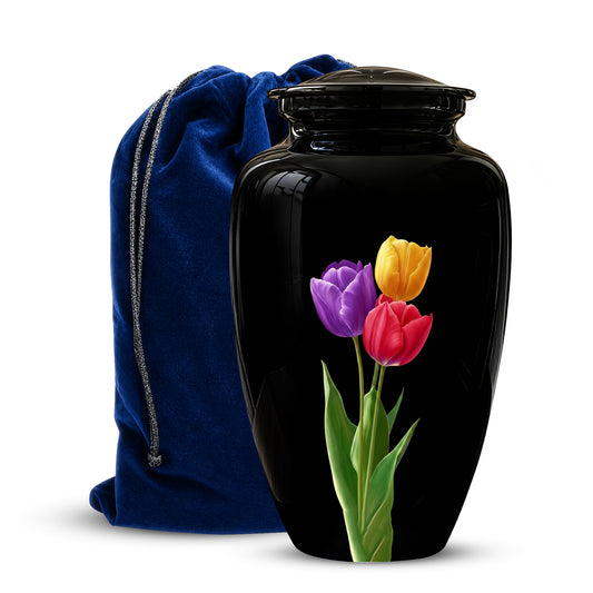 Colorful Tulips Flower Cremation Urn - Personalized Black Urns On Sale