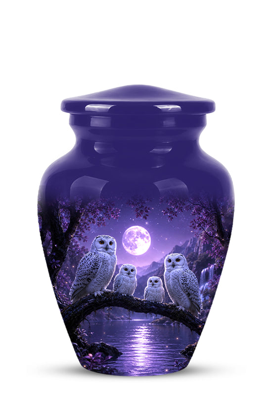 Snowy Owl Family Themed Cremation Urn - Purple Moonlight Memorial Urns
