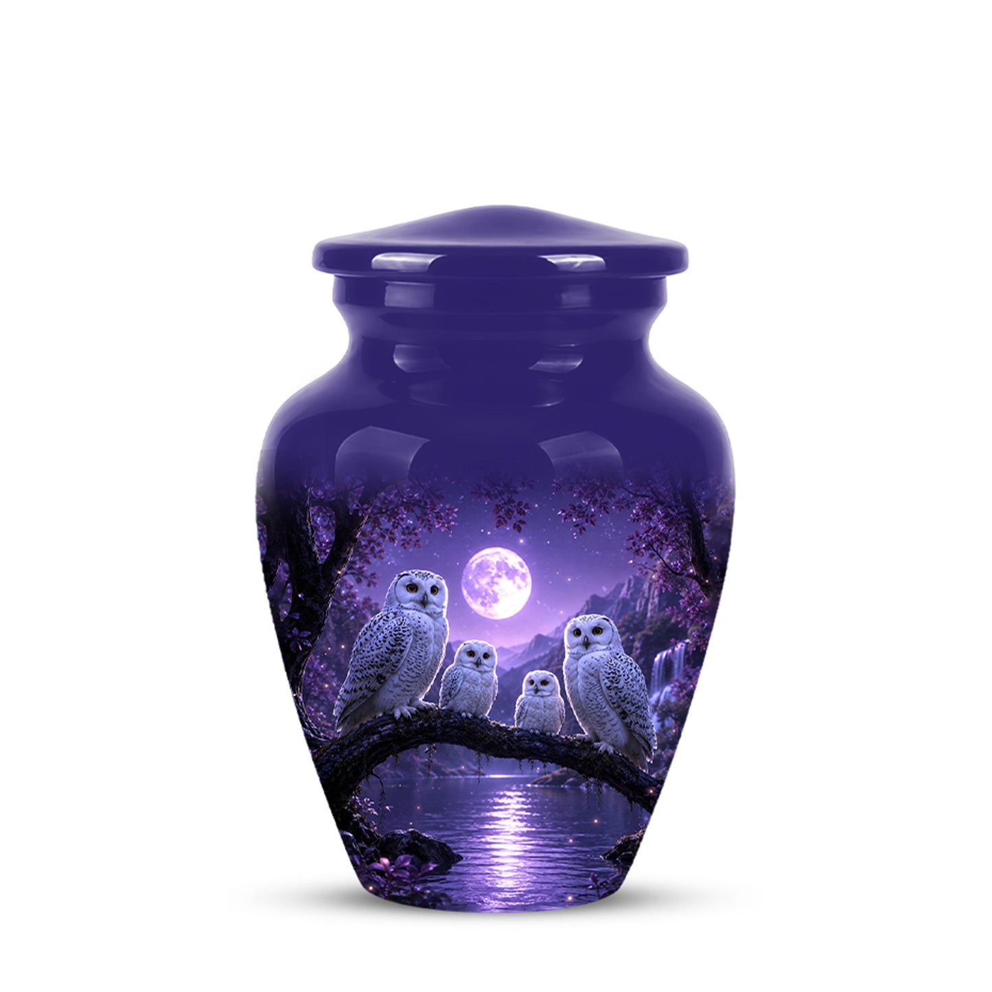 Snowy Owl Family Themed Cremation Urn - Purple Moonlight Memorial Urns